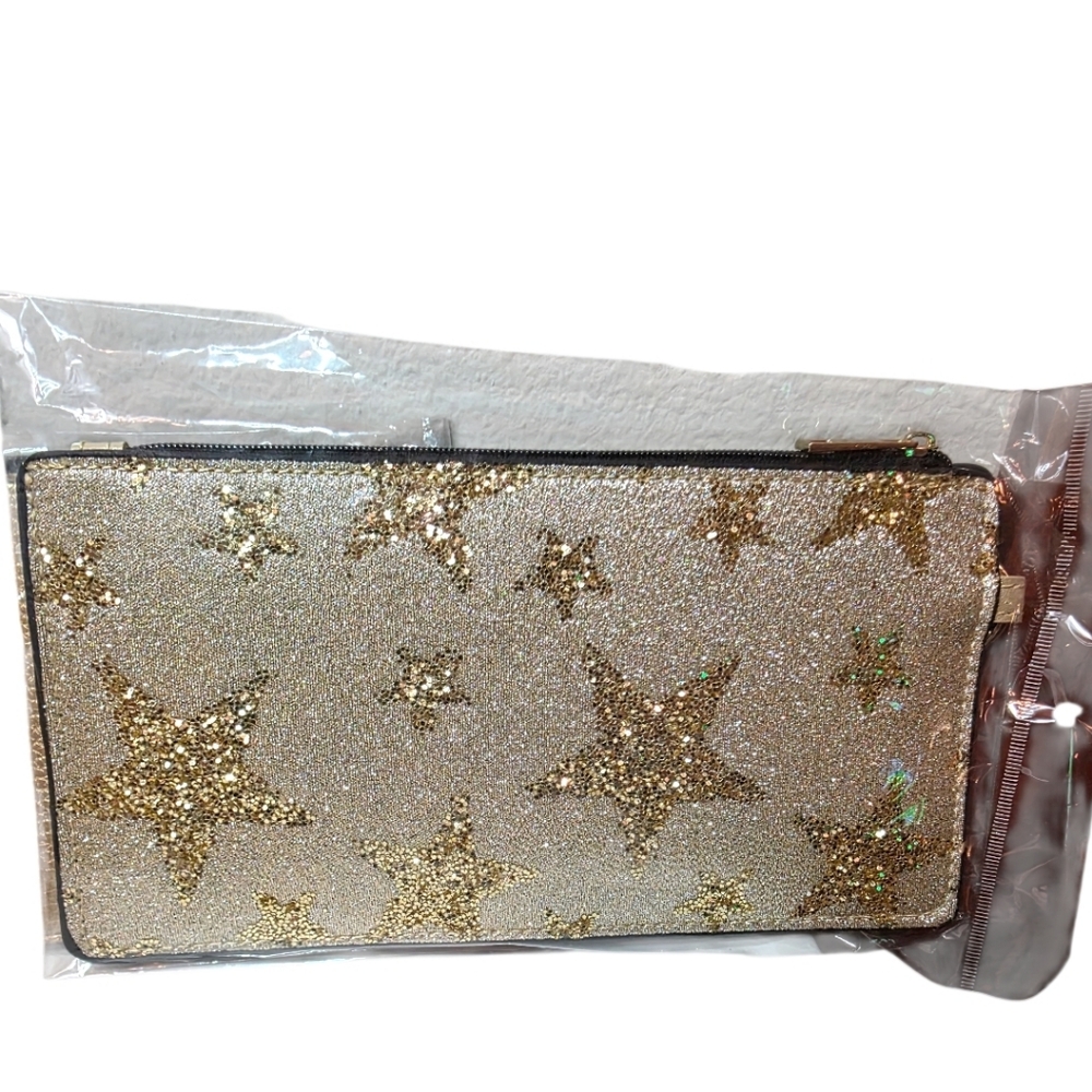 Luxurious Faux Leather Gold Metallic Wristlet With Sequin Star Detail